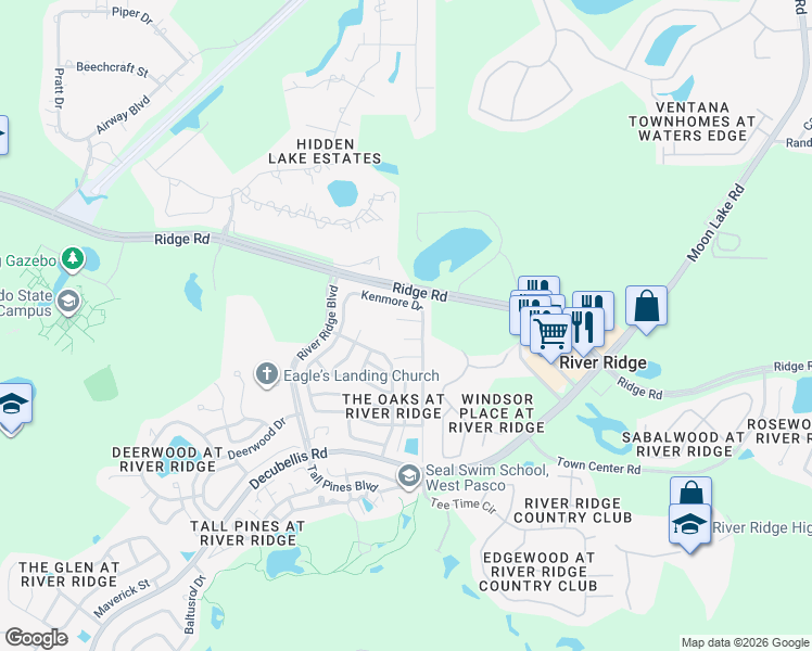 map of restaurants, bars, coffee shops, grocery stores, and more near 11001 Bentwood Court in New Port Richey