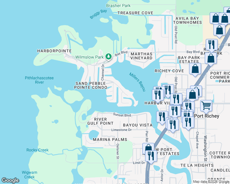 map of restaurants, bars, coffee shops, grocery stores, and more near 8126 Brighton Drive in Port Richey