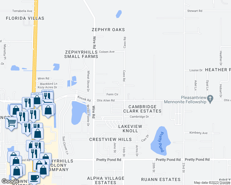 map of restaurants, bars, coffee shops, grocery stores, and more near 38643 Ferm Circle in Zephyrhills