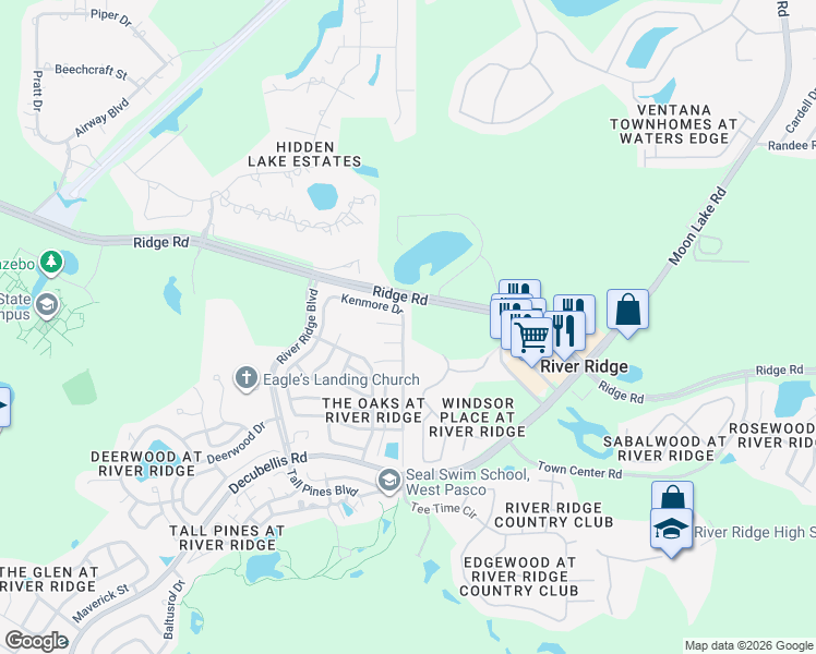 map of restaurants, bars, coffee shops, grocery stores, and more near 8104 Chadwick Drive in New Port Richey