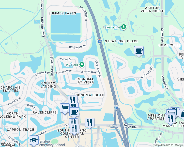 map of restaurants, bars, coffee shops, grocery stores, and more near 2843 Sonoma Way in Rockledge