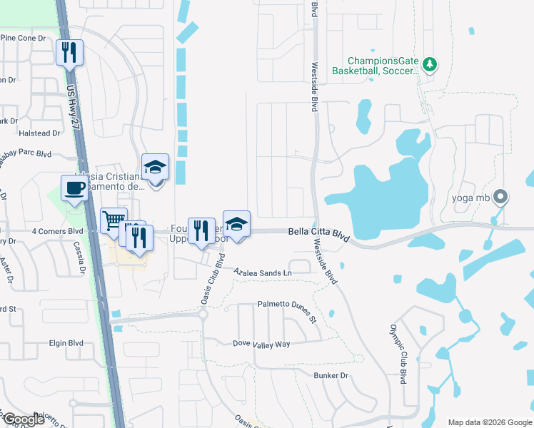 map of restaurants, bars, coffee shops, grocery stores, and more near 9040 Sommerset Hills Drive in Four Corners