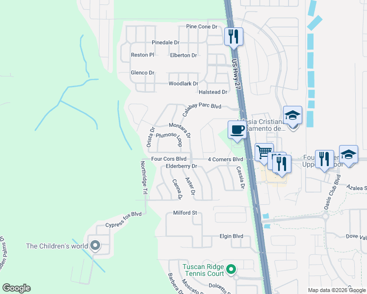 map of restaurants, bars, coffee shops, grocery stores, and more near 142 Plumoso Loop in Davenport