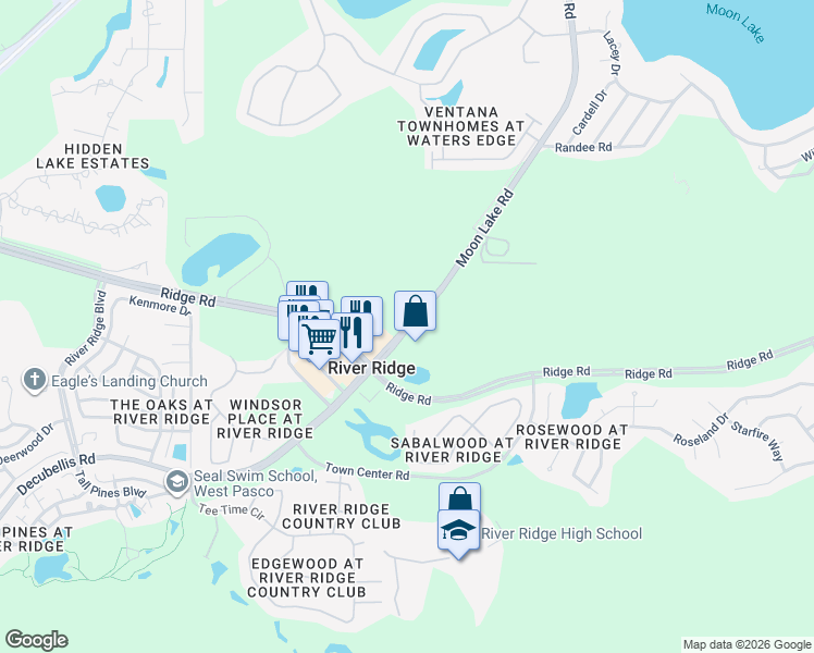 map of restaurants, bars, coffee shops, grocery stores, and more near 8275 Moon Lake Road in New Port Richey