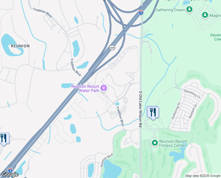 map of restaurants, bars, coffee shops, grocery stores, and more near Tradition Boulevard in Kissimmee