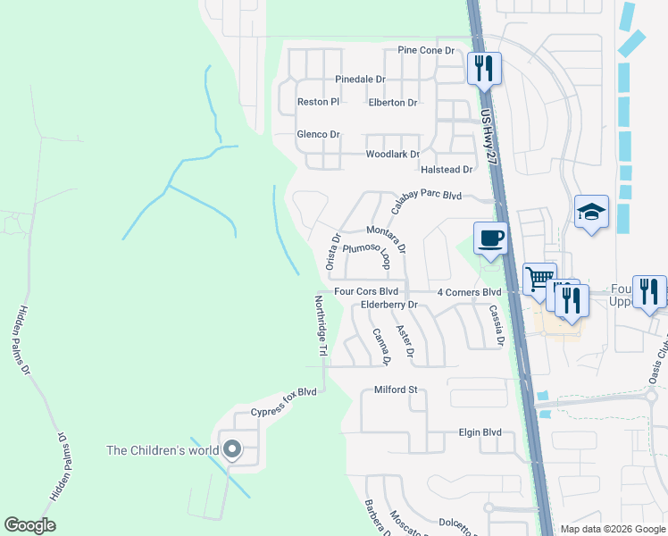 map of restaurants, bars, coffee shops, grocery stores, and more near 653 Orista Drive in Davenport