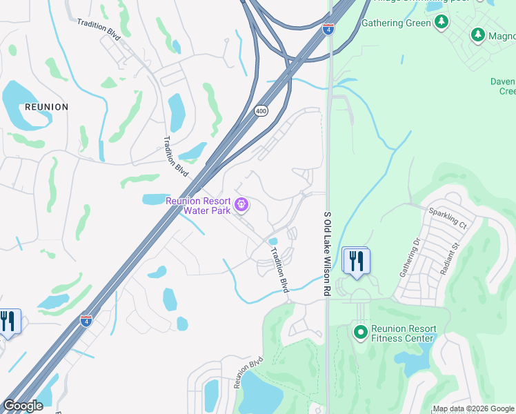 map of restaurants, bars, coffee shops, grocery stores, and more near Tradition Boulevard in Kissimmee