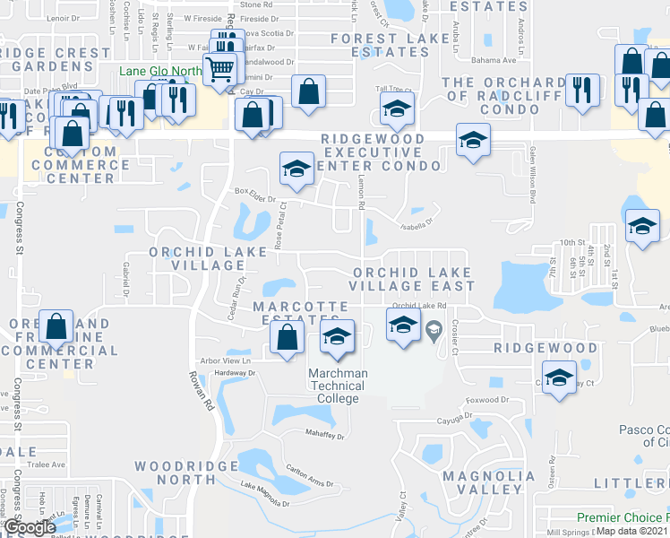 map of restaurants, bars, coffee shops, grocery stores, and more near 7426 Bent Oak Drive in Port Richey