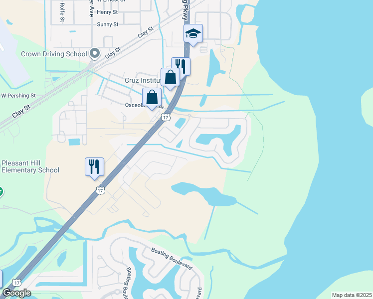 map of restaurants, bars, coffee shops, grocery stores, and more near 697 Hacienda Circle in Kissimmee