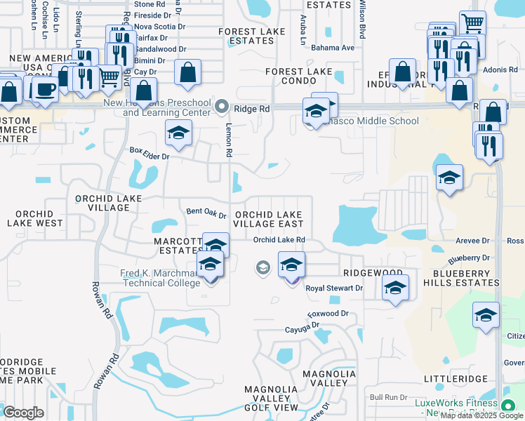 map of restaurants, bars, coffee shops, grocery stores, and more near 8108 Mockernut Lane in Port Richey