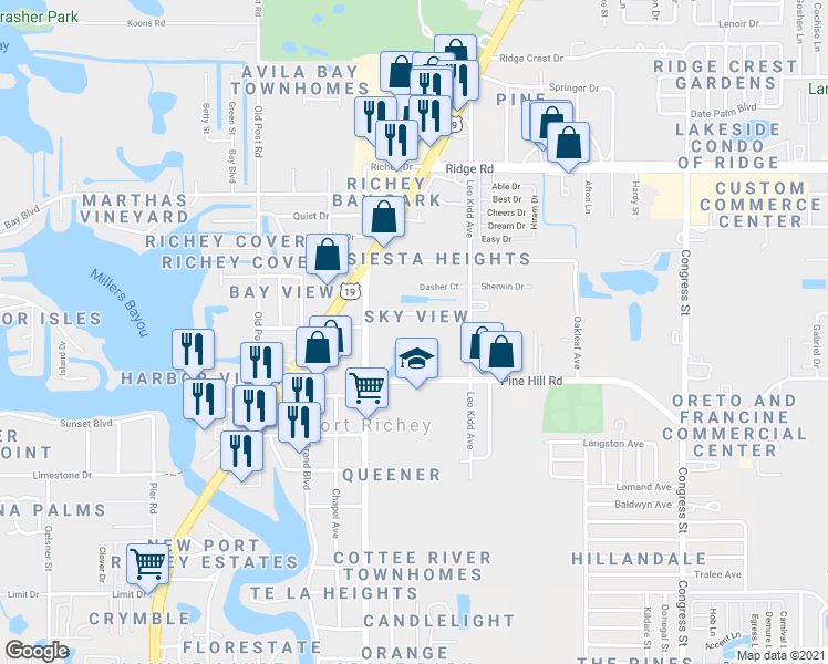 map of restaurants, bars, coffee shops, grocery stores, and more near 8068 Washington Street in Port Richey