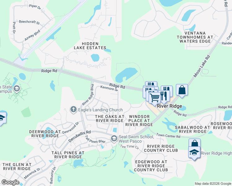 map of restaurants, bars, coffee shops, grocery stores, and more near 8104 Chadwick Drive in New Port Richey