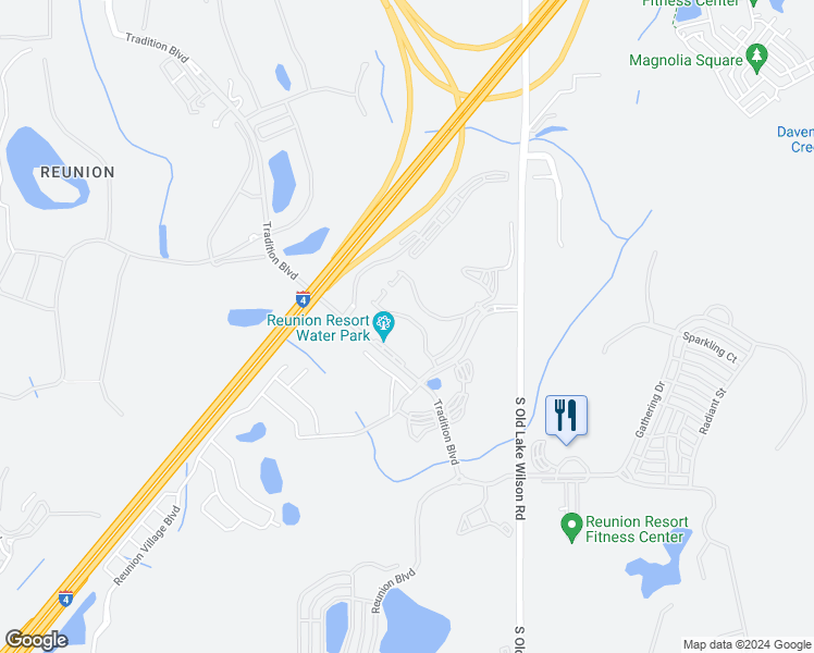 map of restaurants, bars, coffee shops, grocery stores, and more near Tradition Boulevard in Kissimmee