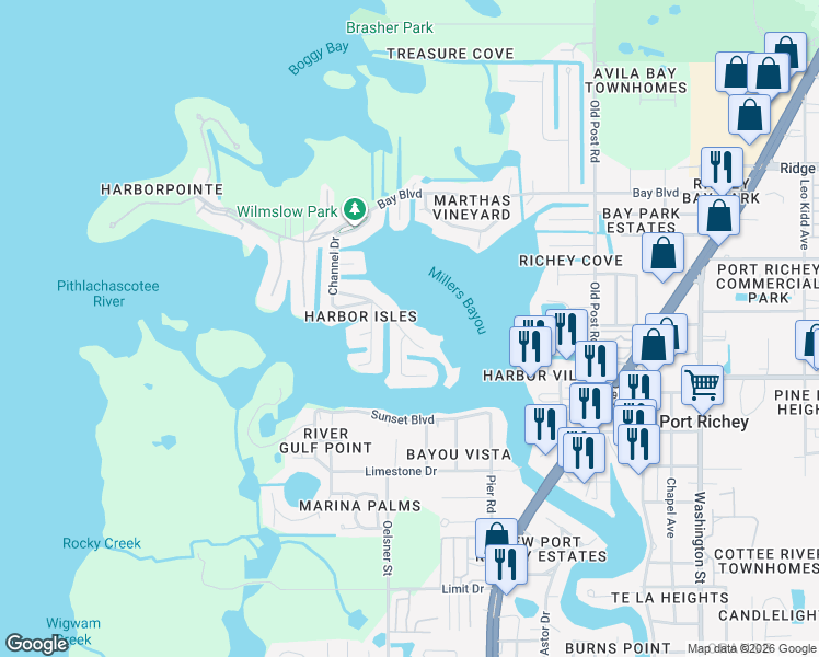 map of restaurants, bars, coffee shops, grocery stores, and more near 5033 Waterside Drive in Port Richey