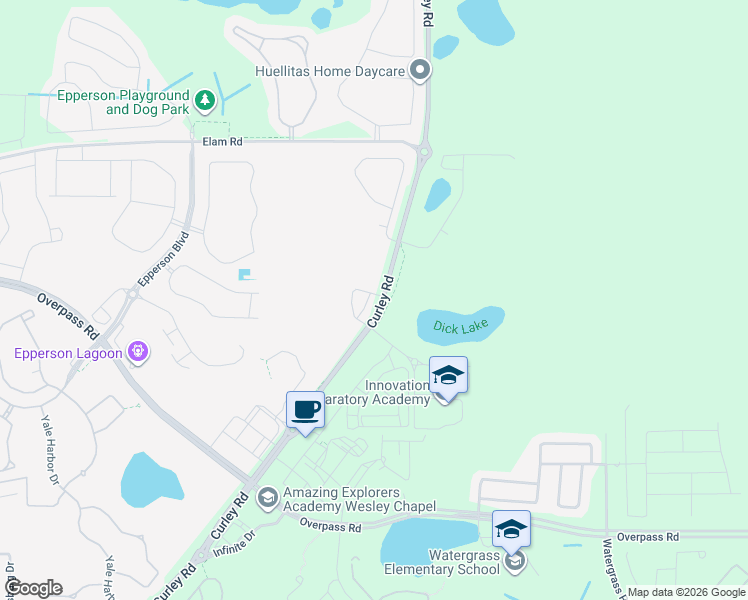 map of restaurants, bars, coffee shops, grocery stores, and more near 8252 Curley Road in Wesley Chapel