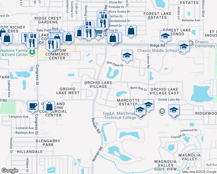 map of restaurants, bars, coffee shops, grocery stores, and more near 8035 Laurel Vista Loop in Port Richey