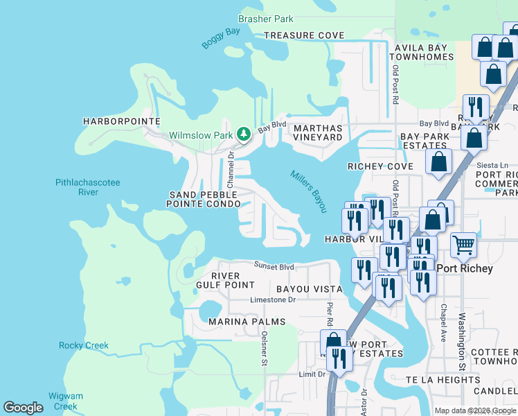 map of restaurants, bars, coffee shops, grocery stores, and more near 8126 Brighton Drive in Port Richey