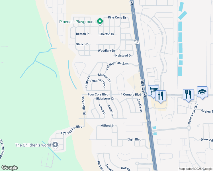 map of restaurants, bars, coffee shops, grocery stores, and more near 142 Plumoso Loop in Davenport