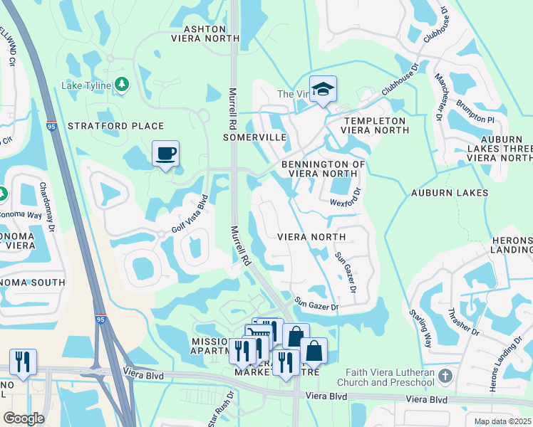 map of restaurants, bars, coffee shops, grocery stores, and more near 1605 Sun Gazer Drive in Rockledge