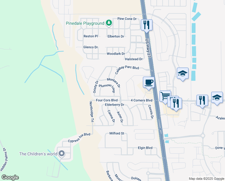 map of restaurants, bars, coffee shops, grocery stores, and more near 142 Plumoso Loop in Davenport