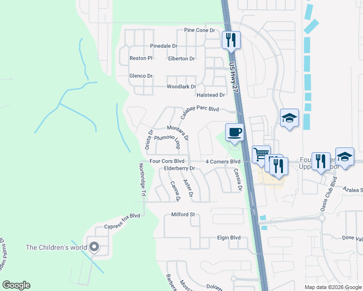 map of restaurants, bars, coffee shops, grocery stores, and more near 142 Plumoso Loop in Davenport