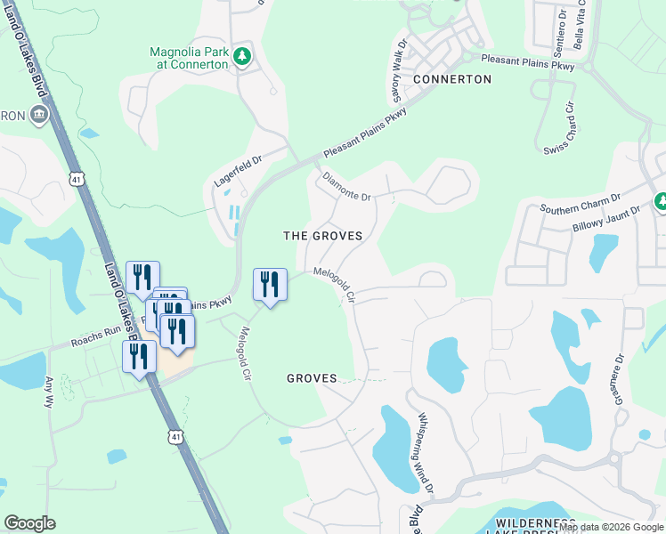 map of restaurants, bars, coffee shops, grocery stores, and more near 8041 Sanguinelli Road in Land O' Lakes