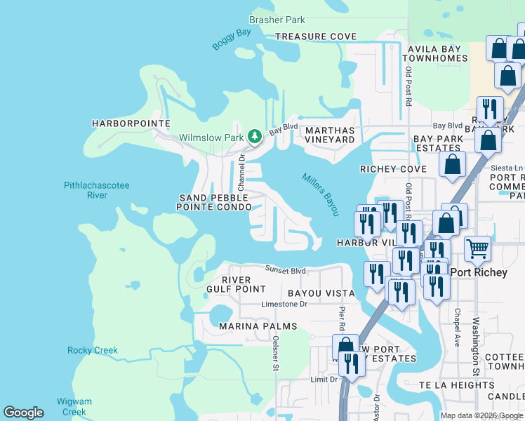 map of restaurants, bars, coffee shops, grocery stores, and more near 8126 Brighton Drive in Port Richey