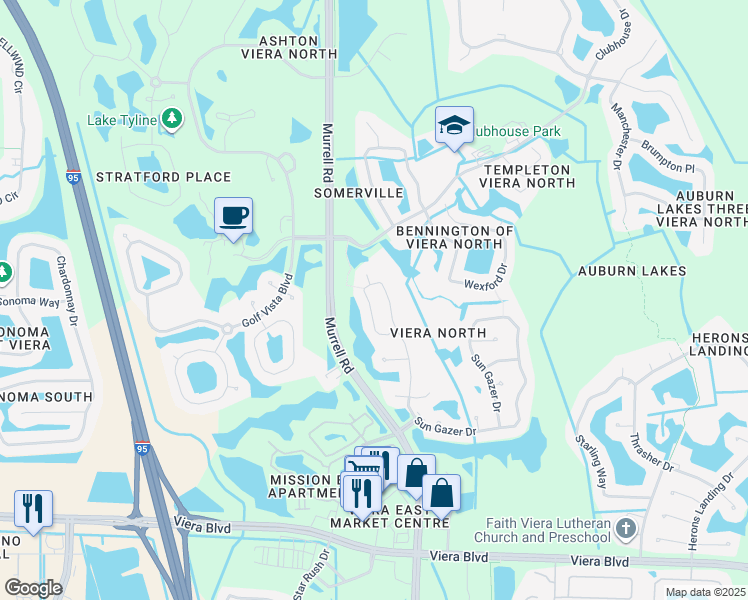 map of restaurants, bars, coffee shops, grocery stores, and more near 1605 Sun Gazer Drive in Rockledge