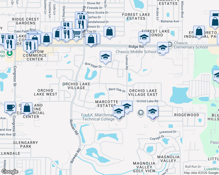 map of restaurants, bars, coffee shops, grocery stores, and more near 7315 Bent Oak Drive in Port Richey
