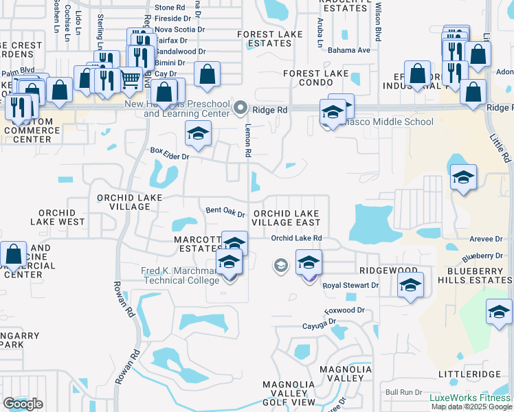 map of restaurants, bars, coffee shops, grocery stores, and more near 7512 Bramblewood Drive in Port Richey