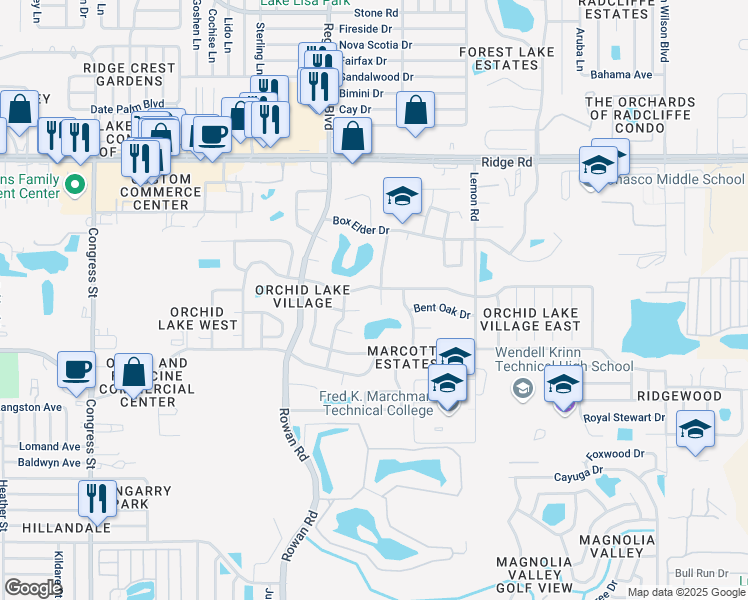 map of restaurants, bars, coffee shops, grocery stores, and more near 8111 Rose Petal Court in Port Richey