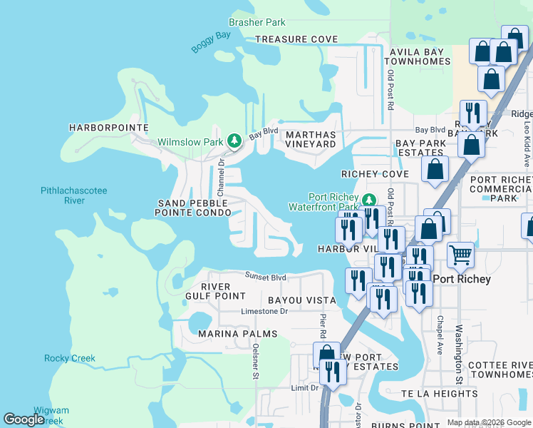 map of restaurants, bars, coffee shops, grocery stores, and more near 5033 Waterside Drive in Port Richey