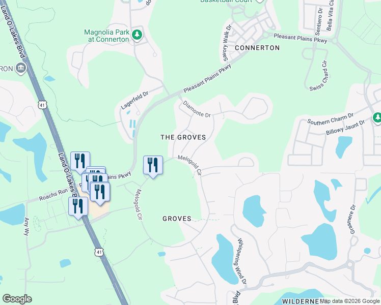 map of restaurants, bars, coffee shops, grocery stores, and more near 8041 Sanguinelli Road in Land O' Lakes