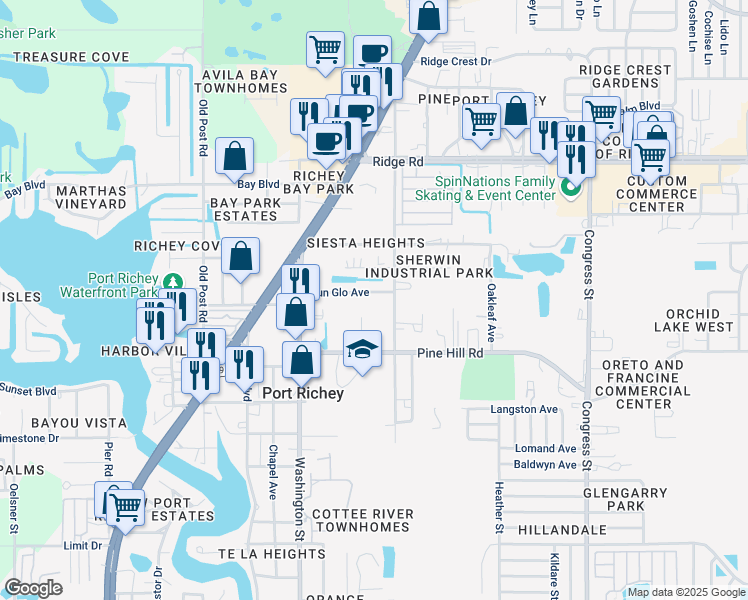 map of restaurants, bars, coffee shops, grocery stores, and more near 5934 Sun Glo Avenue in Port Richey