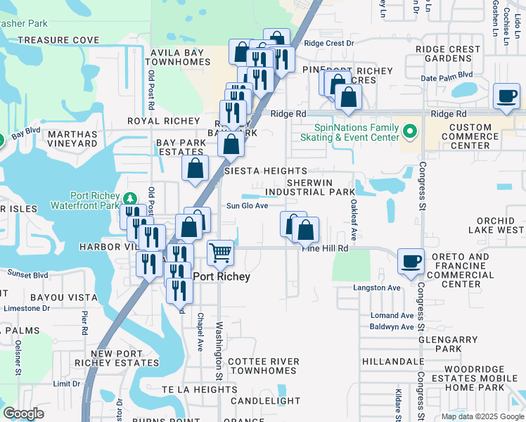 map of restaurants, bars, coffee shops, grocery stores, and more near 8068 Washington Street in Port Richey