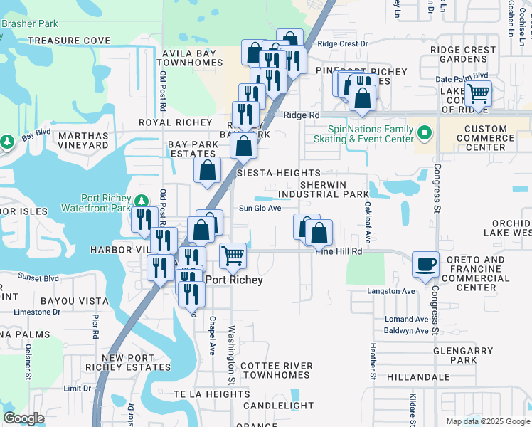 map of restaurants, bars, coffee shops, grocery stores, and more near 8068 Washington Street in Port Richey
