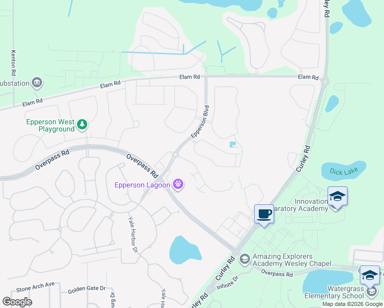 map of restaurants, bars, coffee shops, grocery stores, and more near 31779 Blue Passing Loop in Wesley Chapel