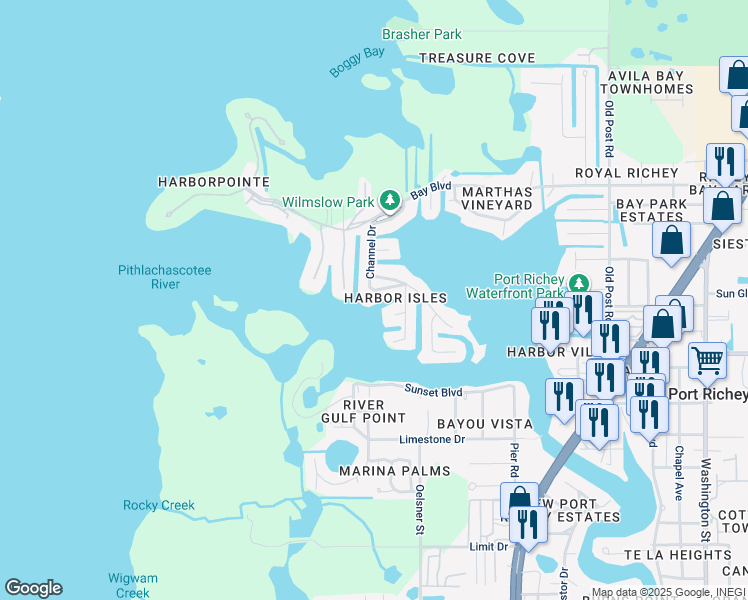 map of restaurants, bars, coffee shops, grocery stores, and more near 8131 Channel Drive in Port Richey