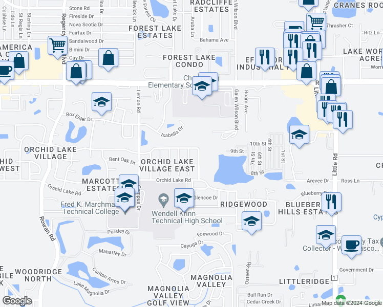 map of restaurants, bars, coffee shops, grocery stores, and more near 8114 Pepperidge Lane in Port Richey