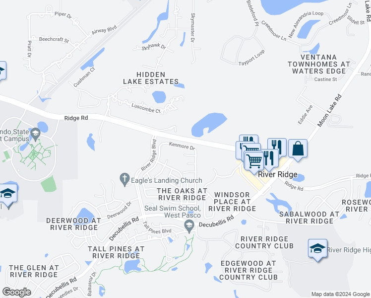 map of restaurants, bars, coffee shops, grocery stores, and more near 11006 Kenmore Drive in New Port Richey