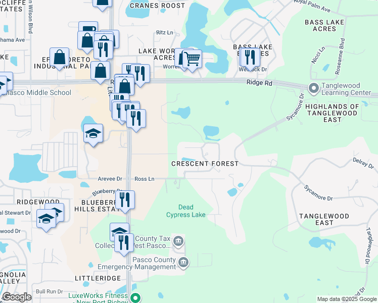 map of restaurants, bars, coffee shops, grocery stores, and more near 8804 Whispering Oaks Trail in New Port Richey