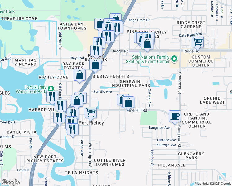 map of restaurants, bars, coffee shops, grocery stores, and more near 5934 Sun Glo Avenue in Port Richey