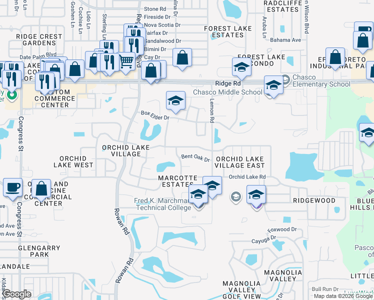 map of restaurants, bars, coffee shops, grocery stores, and more near 7315 Bent Oak Drive in Port Richey