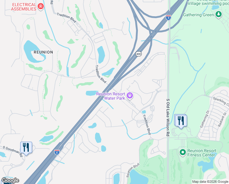 map of restaurants, bars, coffee shops, grocery stores, and more near Sinclair Road in Kissimmee