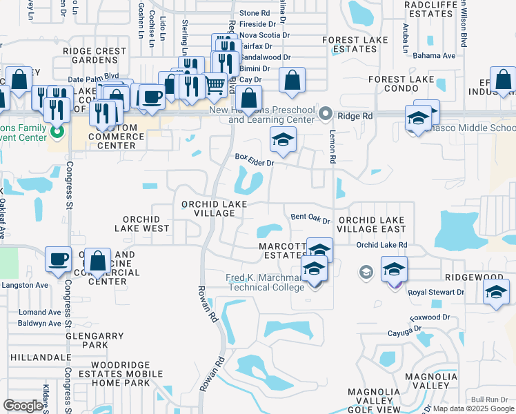 map of restaurants, bars, coffee shops, grocery stores, and more near 8111 Rose Petal Court in Port Richey