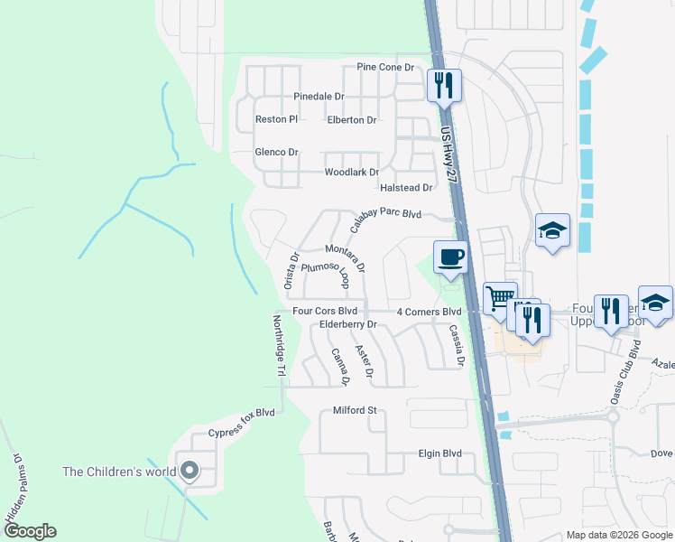 map of restaurants, bars, coffee shops, grocery stores, and more near 142 Plumoso Loop in Davenport