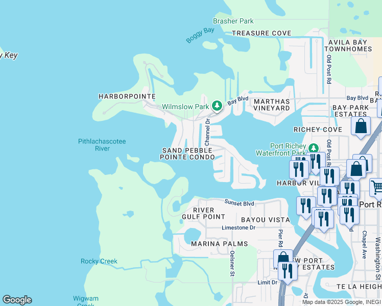 map of restaurants, bars, coffee shops, grocery stores, and more near 8145 Aquila Street in Port Richey