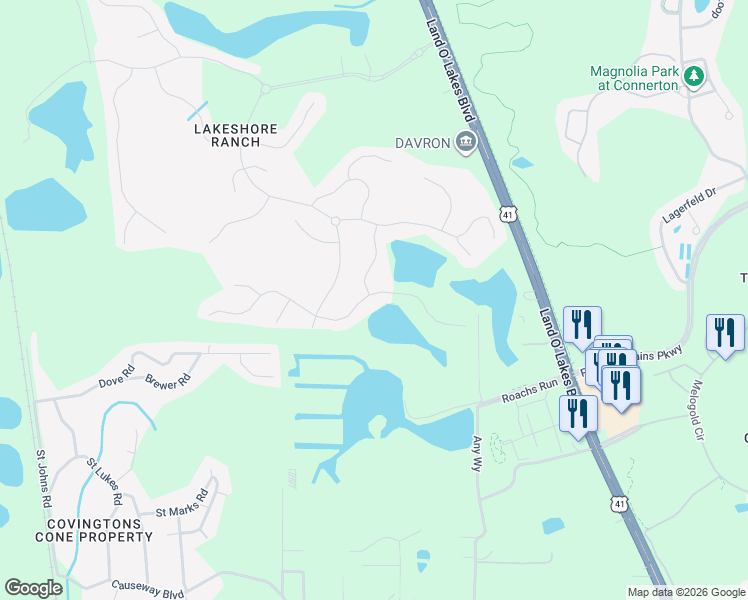 map of restaurants, bars, coffee shops, grocery stores, and more near 19714 Lonesome Pine Drive in Land O' Lakes