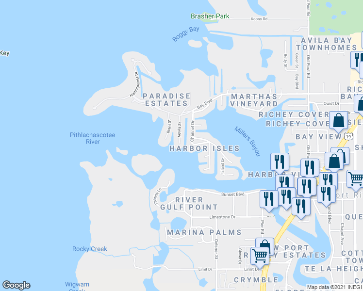 map of restaurants, bars, coffee shops, grocery stores, and more near 8145 Aquila Street in Port Richey