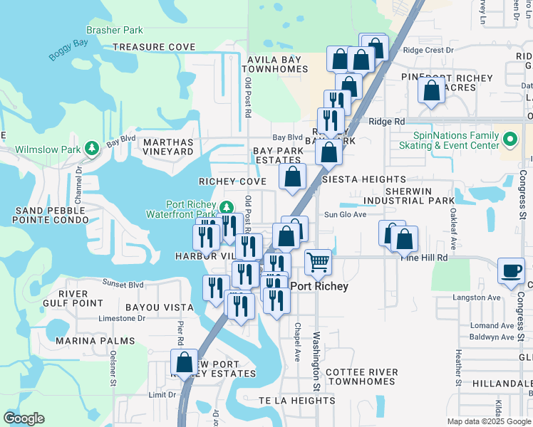 map of restaurants, bars, coffee shops, grocery stores, and more near 8128 Papaya Street in Port Richey